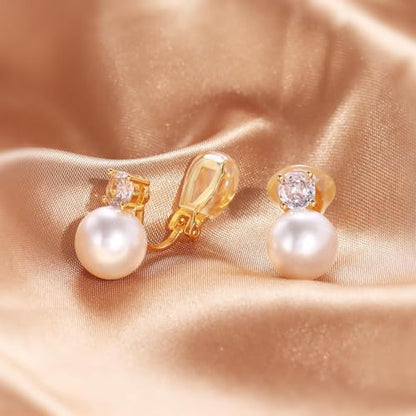 White Pearl Clip On Earrings for Women, 14K Gold Pearl Earrings 925 Silver Pearl Earrings, 10mm White Pearl Non Pierced Hypoallergenic Trendy Wedding Jewelry - color: Gold & Silver
