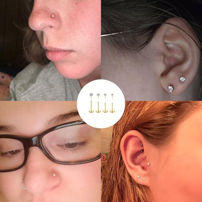 16G 18G 20G Hypoallergenic Threadless Flat Back Nose Studs Women | Medical Steel, CZ 1.5-3mm, Nostril Tragus Helix Piercing, A Secure Fit And Everyday Wear For Sensitive Skin - color: Gold-A