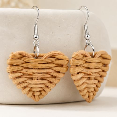 Handmade Rattan Teardrop Dangle Earrings for Women, Lightweight Boho Woven Statement Earrings with Gold Fish Hook, Natural Straw Weave Vacation Jewelry for Summer Beach - style: Heart