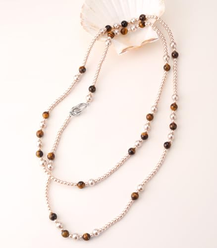 Long Beaded Necklaces for Women Pearl Stone Bead Strand - Layered Sweater Chain Elegant Mother's Day Jewelry Gifts - color: Champagne