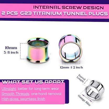 2Pcs G23 Titanium Double Flared Earrings Internally Threaded Gauges for Ears Weights Eyelet Tunnel Plug Stretching Kit From 3mm to 25mm Women Men - color: Rainbow, size: 12mm-1/2"