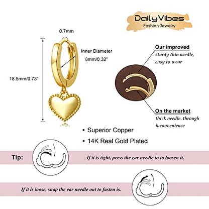 DAILY VIBES Cute Gold Mini Dangle Huggie Hoop Earrings for Women Trendy | 14K Gold Plated, Dainty Cubic Zirconia, Small Hoop Earrings with Charm Drop, Jewelry Gift for Women Ladies - color: Mini Heart B