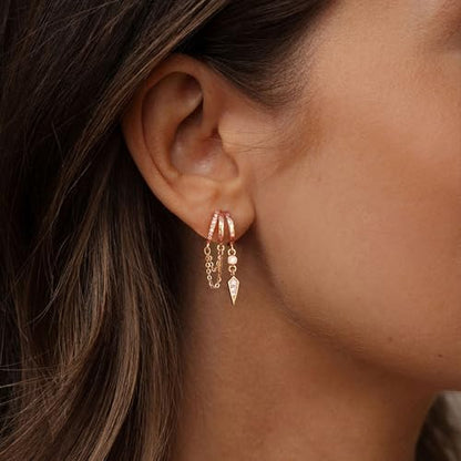 Dangle Earrings for Women,14k Gold Plated Triple Huggie Stud Earrings Cute Statement Chain Earring Dainty Drop Earrings for Women Trendy Gold Plated Jewelry - color: rose gold -dangle1