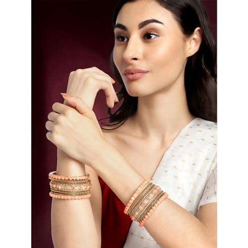 Aheli Ethnic Metal Bangles Chudha Set Stone Studded Bangle Set Indian Wedding Wear Fashion Jewelry Gift for Women Blue - color: Peach
