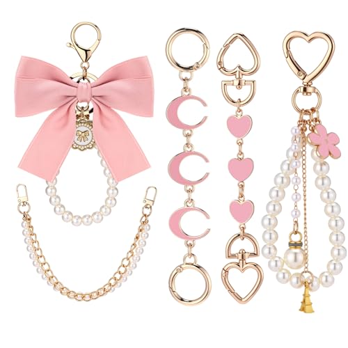 Sureio 5 Pcs Bag Extender Chain Pearl Purse Chain Ribbon Bow Keychain Extender Bag Strap Purse Charms Accessories for Handbag - color: Gold and Pink