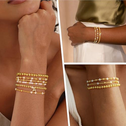 18K Gold Plated Beaded Stretch Initial Bracelet for Women Gifts | Dainty 6PCS Initial A-Z Letter Beaded Stackable Bracelets Set, Waterproof 7 Inch Stretch Elastic, Jewelry Gifts for Women Her - style: G