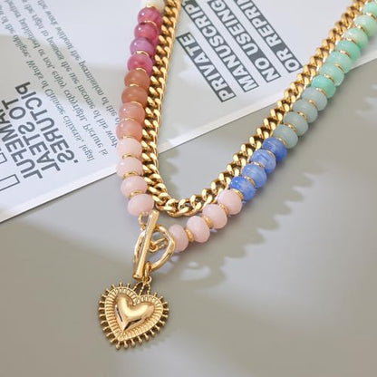 Colorful Acrylic Beaded Necklace For Women, Boho Double Layer Rainbow Beads Thick Cuban Chain Chunky Heart Pendant Statement Choker Summer Beach Jewelry Gift - color: Colorful Beaded Gold