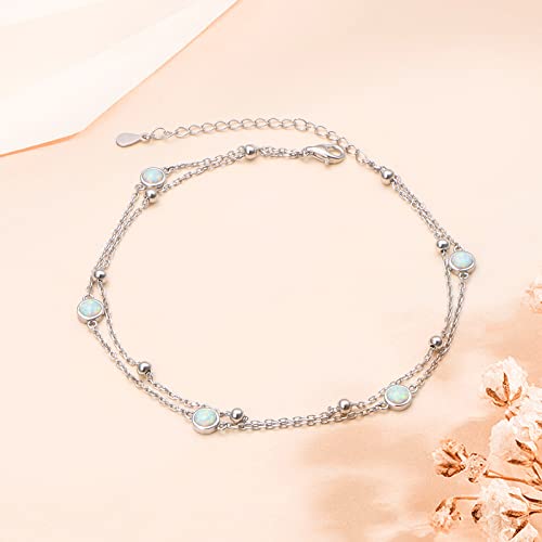 Flyow Anklet for Women S925 Sterling Silver Adjustable Foot Beaded Heart Charm Ankle Bracelet Anklets Jewelry - style: Opal