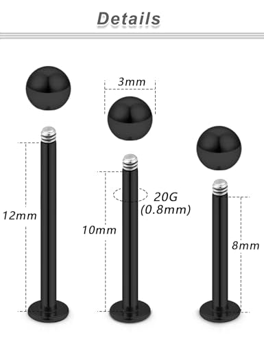 20G 18G 16G 14G 12G Lip Labret Medusa Monroe Rings Studs 316L Surgical Steel Flat Back Tragus Helix Cartilage Earring Stud Piercing Jewelry Bar Length 8mm 10mm 12mm Mix Color 18PCS - color: Black, size: 20G(0.8mm)-8/10/12mm Bars-3mm Balls