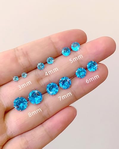 6 Pairs Surgical Steel Flat Back Earrings | CZ Stud Set | Hypoallergenic 316L Surgical Steel • Flat Back Threaded Studs for Cartilage, Helix & Lobe • 6 Mixed Sizes (3-8mm) - color: Flatback-Sea blue