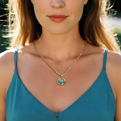 Jean Beau Gold Stone Pendant Necklaces for Women, Chunky Gemstone Dangle Necklace Wedding Prom Fashion Jewelry Gift - color: Turquoise Blue