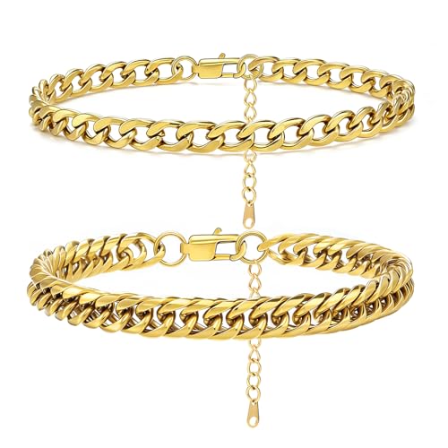 2PCS Ankle Bracelets for Women - Gold/Silver Plated Stainless Steel Anklets Set - Waterproof Layered Cuban Link Chain Anklet Bracelet Summer Beach Foot Jewelry Gifts for Women - color: Style 2-Gold