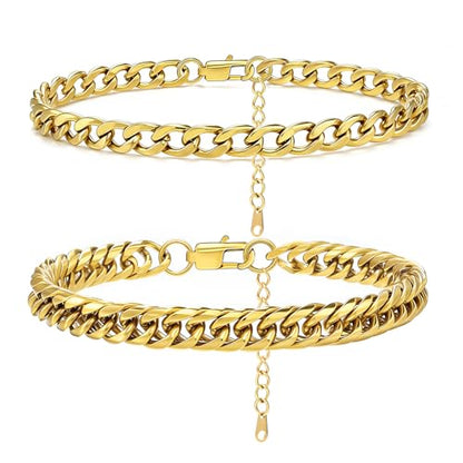 2PCS Ankle Bracelets for Women - Gold/Silver Plated Stainless Steel Anklets Set - Waterproof Layered Cuban Link Chain Anklet Bracelet Summer Beach Foot Jewelry Gifts for Women - color: Style 2-Gold