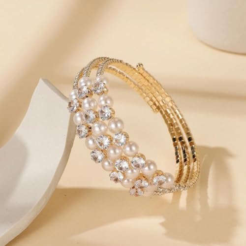 Gold Crystal Faux Pearl Beaded Bracelet for Women,Sparkling Rhinestone Layered Statement Cuff Bracelet Wedding Bridal Jewelry Accessories - color: Golden