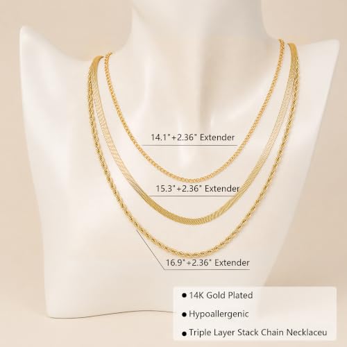 Layered Necklaces for Women, 3 Chain Choker Set, 14k Gold/Silver Plated | 3 Detachable Strands, 7+ Ways to Wear, Tangle Free Design, Herringbone Rope Curb Textures, Tarnish Resistant - color: Gold