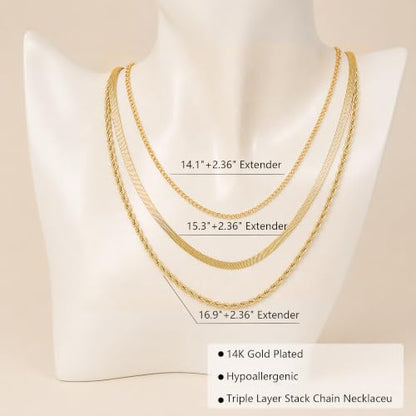 Layered Necklaces for Women, 3 Chain Choker Set, 14k Gold/Silver Plated | 3 Detachable Strands, 7+ Ways to Wear, Tangle Free Design, Herringbone Rope Curb Textures, Tarnish Resistant - color: Gold