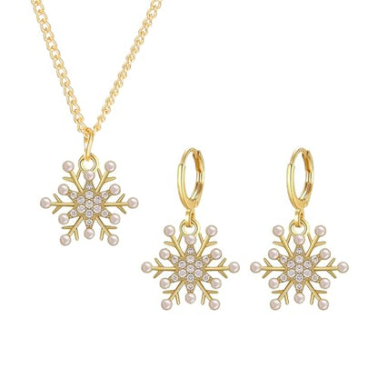 Dreuyet Snowflake Earring and Necklace Set for Women Clear Cubic Zirconia Sparkle Snowflake Hoop Earrings Silver Christmas Snowflake Pearl Earrings Winter Holiday Women Wife Jewelry Gift - color: Gold
