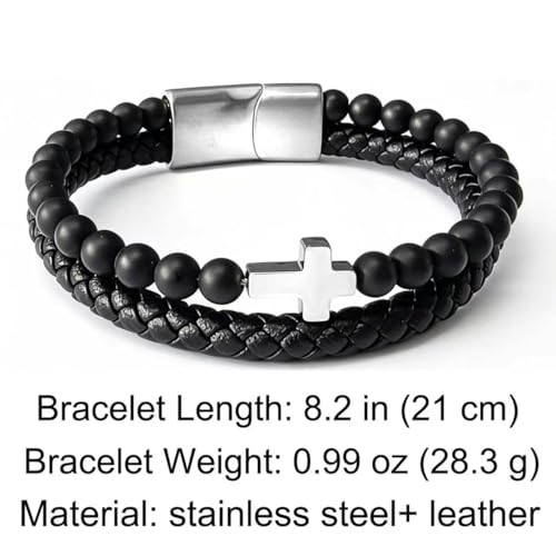 Italian Handmade Leather Bracelets for Men - color: Silver Cross, size: 8.2"