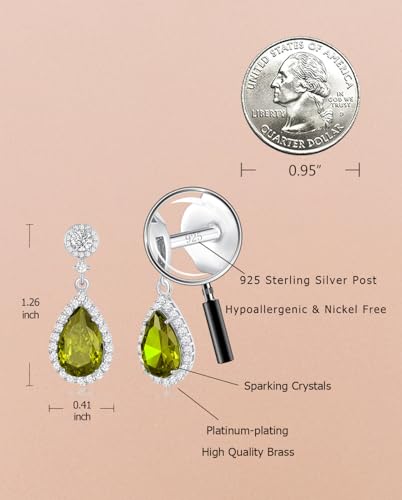 Silver Diamond Dangle Earrings for Women Rhinestone Teardrop Crystal Cubic Zirconia Drop Dangling Wedding Costume Jewelry - color: 08.August-White Gold Plated | Peridot