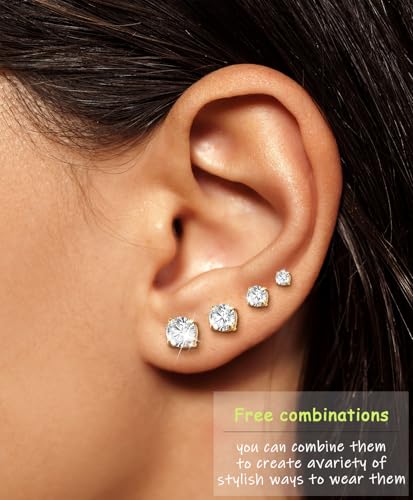 Stainless Steel Stud and Hoop Earrings Sets for Ear Stacks | Choose gold or silver pearl studs, CZ studs, flat backs, butterfly backs, hoops and multi-pair ear stack sets. - color: 4 Pairs 20G Gold