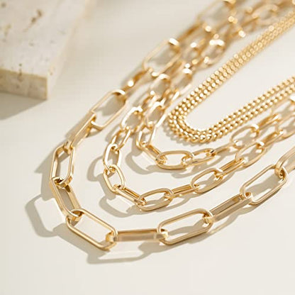 Layered Chain Necklaces for women 18 Inch Gold Plated Paperclip Chain Silver Tone Choker Necklace Rope Ball Chains Punk Jewelry - style: Gold 5-layer Chains