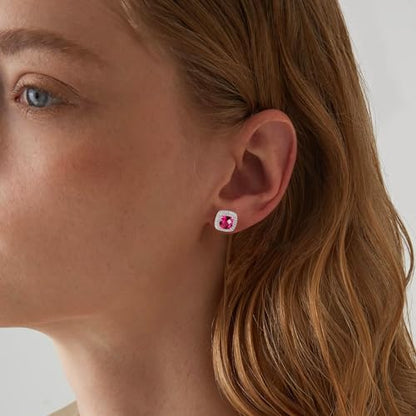 Dainty Birthstone Earrings for Women Sterling Silver Small Stud Earrings with Halo Cushion/Round Created Gemstone Earrings Birthstone Jewelry - style: A 07. July/created ruby-cushion cut