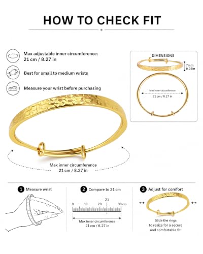 Hammered Texture Bracelet for Women - Maximum 8 inches Adjustable Cuff Bangle, Elegant Boho Chic Jewelry Silver & Gold - color: Gold-A