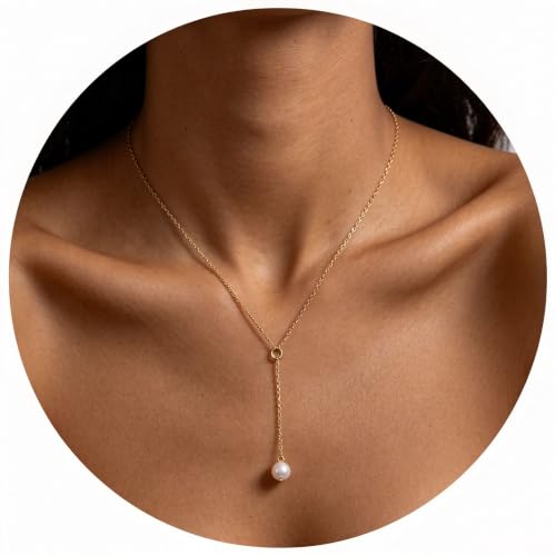 Freshwater Pearl Necklace for Women - 18K Gold Plated Dainty Pearl Pendant Choker, Hypoallergenic Non Tarnish Stainless Steel Chain, Gold Pearl Necklaces Gift for Her - color: Style 3