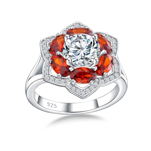 Flower Cocktail Ring for Women Stone Engagement Anniversary Rings | Sterling Silve|Hypoallergenic|Ruby|Sapphire|Emerald|Wedding and Birthday Party Women Statement Ring|Mother and Grandma Gift - color: Garnet (Jan.)