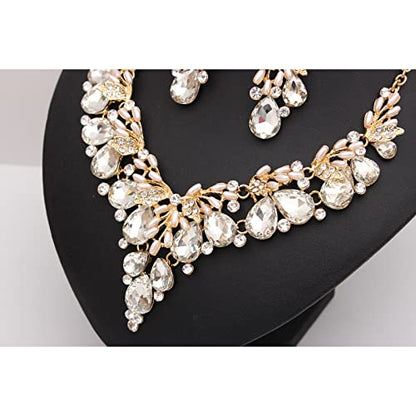 Jewelry Set for Women, Statement Necklace Dangle Earrings Bracelet Ring, White/KC Gold Plated Jewelry Set with Rhinestone Pearl Crystal Wedding Party Jewelry for Bridal Bridesmaid - color: White-Gold Plated