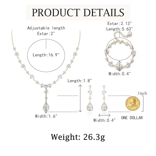 Teardrop Marquise Cubic Zirconia Wedding Prom Jewelry Set for Women Bridal | Silver/Gold/Rose Gold Plated, Pear Cut Pendant Necklace Drop Earrings Link Bracelet, for Bride Bridesmaid, for Banquet Party - style: A_Three Set, Gold-Tone