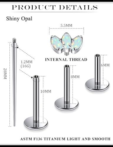 16G Astm F136 Titanium Internal Thread Flat Back Earrings Nose Studs Tragus Forward Helix Conch Cartilage Lobe Earrings Stud Medusa Labret Monroe Lip Ring Piercing Jewelry For Women Men - size: 16G--Style A-Opal