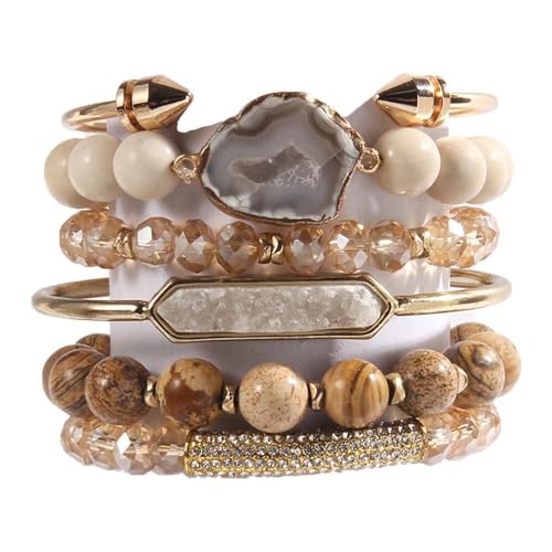 Yomisa 5PCS 6PCS Natural Boho Beaded Bracelets/Bangle for Women Men,Healing Turquoise Jasper Agate Crystal Gemstone Stone Chakra Multilayer Wrap Bohemian Handmade Jewelry Beads Stretch Bracelet Set - color: 6PCS-Caramel