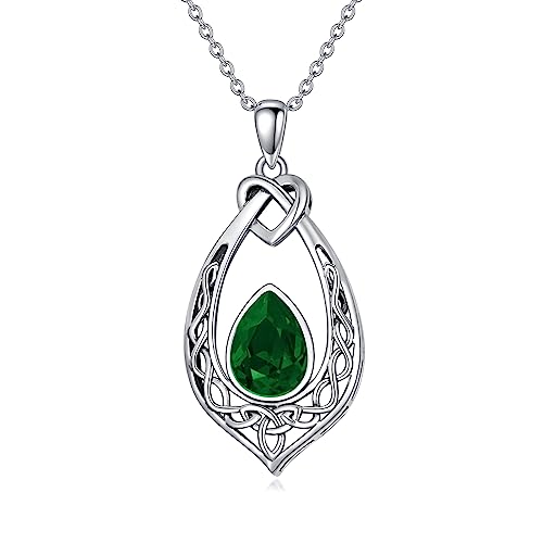 AOBOCO Celtic Knot Necklace 925 Sterling Silver Oxidized Vintage Love Knot Pendant Necklace with Simulated Birthstone Crystal, Birthday Christmas Jewellery Gifts for Women - color: Emerald Green