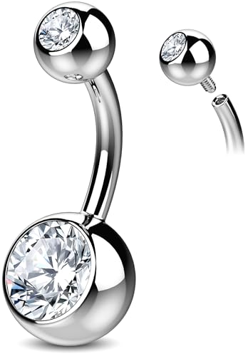 Internally Threaded Belly Button Ring G23 Titanium with Grade AAAAA Cubic Zirconia - 14g Implant Grade Titanium Belly Ring Piercing Jewelry Internal Thread - Bellybutton Rings Navel Jewelry For Women - color: Silver - 8mm