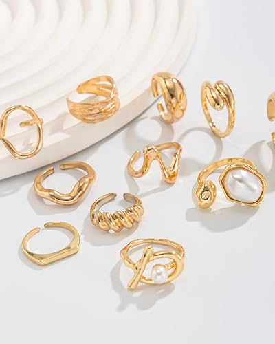 Chunky Gold Shell Starfish Ring Set for Women Trendy Gold Flower Scallop Seashell Starfish Gemstone Rings Adjustable Stacking Statement R-ings Non Tarnish Spring Summer Jewelry Accessories - color: A9:11 pcs