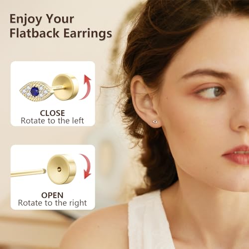 JIAYIQI Minimalist 925 Sterling Silver Stud Earrings Set, 14K Gold Plated Hypoallergenic Tiny Bar Dot Heart Star Studs for Women & Men - style: Gold-Evil Eye-Flatback-1 Pair