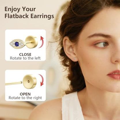 JIAYIQI Minimalist 925 Sterling Silver Stud Earrings Set, 14K Gold Plated Hypoallergenic Tiny Bar Dot Heart Star Studs for Women & Men - style: Gold-Evil Eye-Flatback-1 Pair