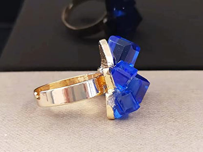 Hebelee Boho Square Crystal Statement Ring for Women Adjustable | Gold-Toned Expandable Promise Engagement Geometric Rings Comfort Fit Elegant Art Deco Christmas Cocktail Y2K Jewelry - color: Blue