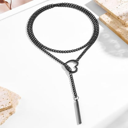 MIFYNN Heart O ring Slip Chain Necklaces for Women Stainless Steel Cuban Chain Bar Necklace Punk Rock Collar Necklace Handmade Adjustable Lariat Y Necklaces for Men - color: Black heart bar
