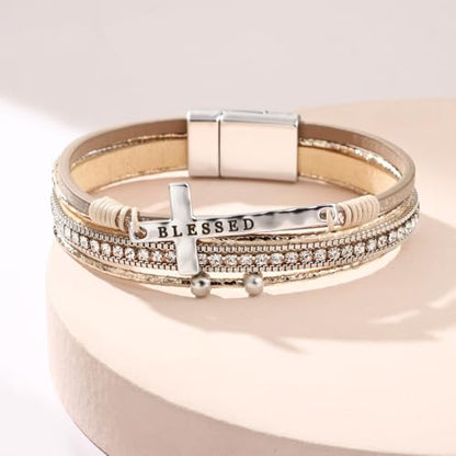 Women's Layered Leather Bracelet, Beige Boho Wrap Cuff with Silver Cross Charm Engraved BLESSED, Rhinestone & Beaded Details, Religious Faith Jewelry Gift for Her