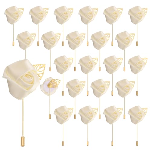 uxcell 24pcs Beige Rose Boutonnieres Flower Pins for Wedding | Buttonholes Pocket Boutonnieres for Wedding Ceremony Anniversary Prom Formal Dinner Party - color: Beige