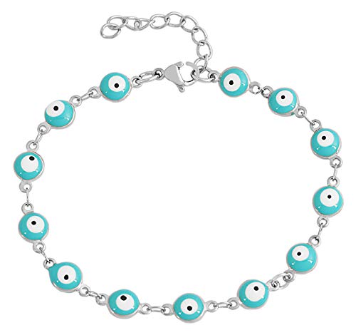 Women's Charm Enamel Evil Eye Protection Link Chain Bracelet - color: Silver,Turquoise