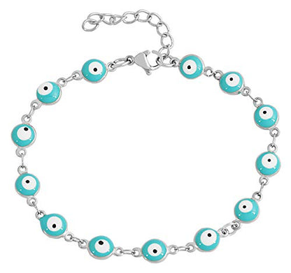 Women's Charm Enamel Evil Eye Protection Link Chain Bracelet - color: Silver,Turquoise