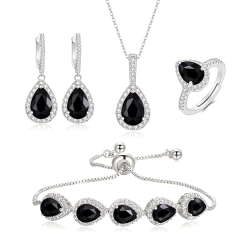 Crysdue Wedding Bridal Teardrop CZ Pendant Necklace Open Ring Dangle Earrings Adjustable Slider Bracelet Jewelry Set, Birthday Mothers Day Christmas Jewellery Gift for Women/Mom/Wife - style: 01-Teardrop Black Silver-Tone
