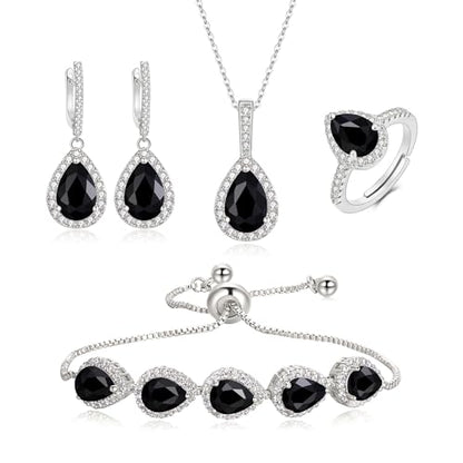 Crysdue Wedding Bridal Teardrop CZ Pendant Necklace Open Ring Dangle Earrings Adjustable Slider Bracelet Jewelry Set, Birthday Mothers Day Christmas Jewellery Gift for Women/Mom/Wife - style: 01-Teardrop Black Silver-Tone