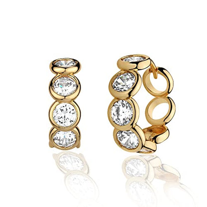 Huggie Hoop Earrings 14K Gold Plated Cubic Zirconia Dainty Simple Cute Beads Elegant CZ Circle Small Hoop Earring for Women Minimalist Handmade Hypoallergenic Jewelry - color: CZ-Row