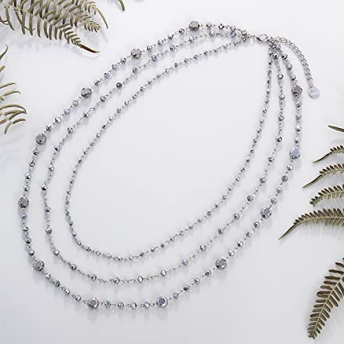 Firstmeet Long Chain Multi Layer Fashion Glass Beads Handmade Necklace for Women - color: Silver Grey-bk