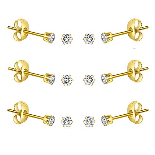 FOSIR 10 Pairs Tiny Womens Surgical Stainless Steel Clear Cubic Zirconia Stud Earrings, Hypoallergenic 316L Earrings Set - style: 3mm-6 pair-Gold