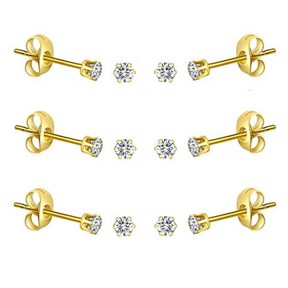 FOSIR 10 Pairs Tiny Womens Surgical Stainless Steel Clear Cubic Zirconia Stud Earrings, Hypoallergenic 316L Earrings Set - style: 3mm-6 pair-Gold